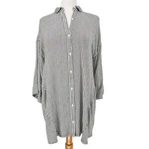 MADEWELL Stripe-Play Shirtdress Black White Oversized Mini Swing Shirt Dress -M